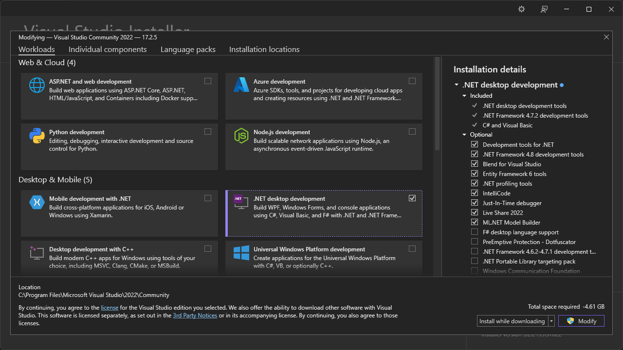 Workload for C programming on Visual Studio