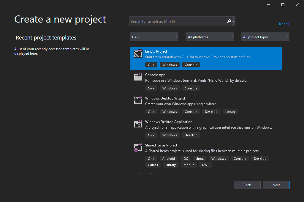 Creating a C project on Visual Studio (step 1)