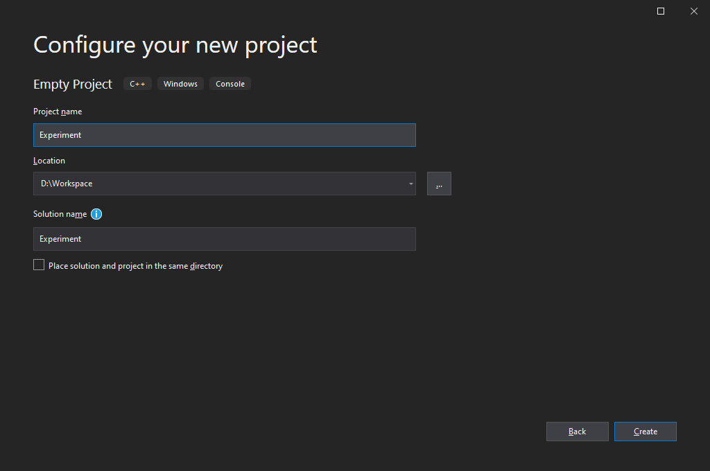 Creating a C project on Visual Studio (step 2)