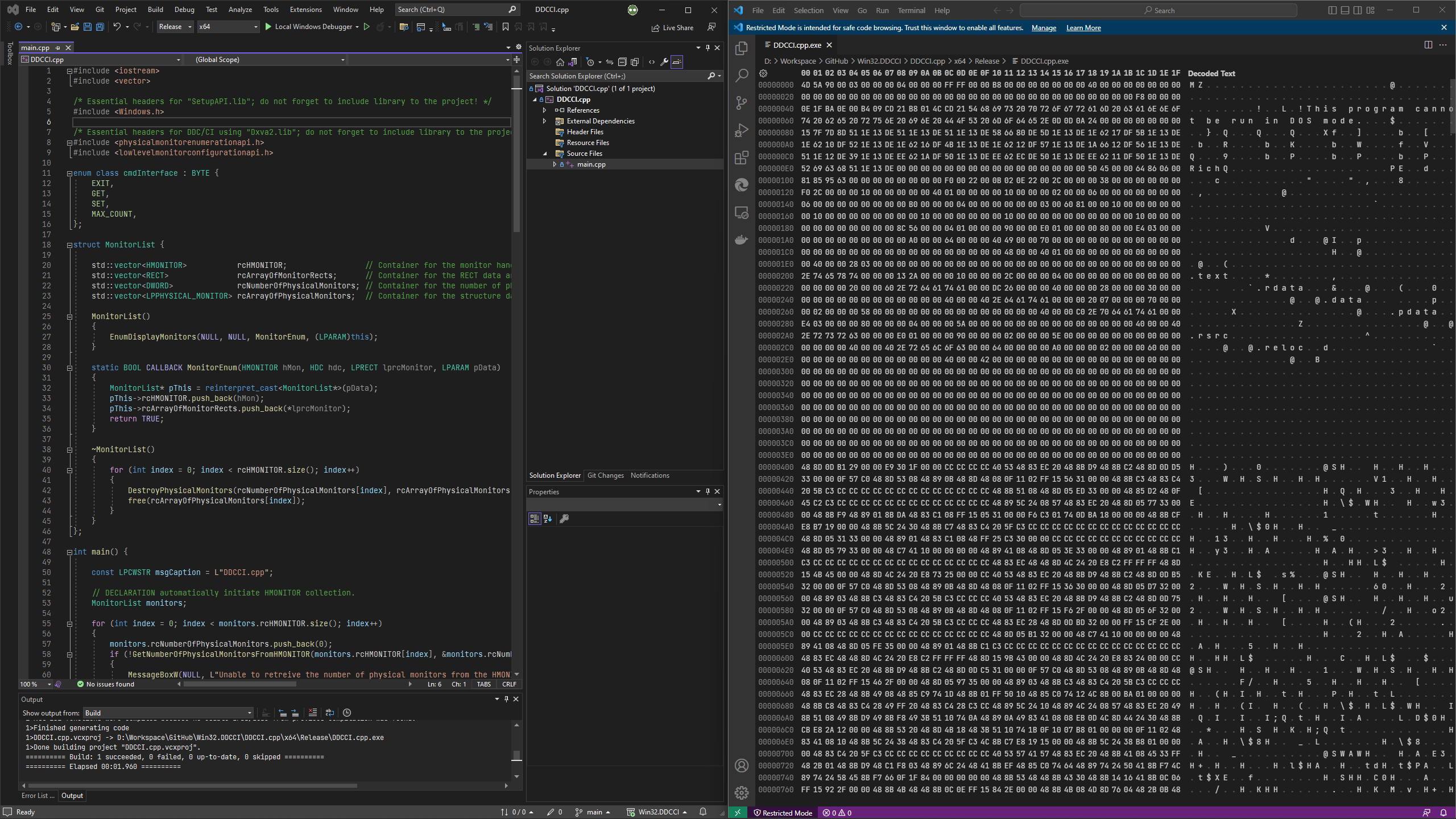 C++ 프로그래밍 소스 코드, 그리고 <a href="https://ko.wikipedia.org/wiki/X86-64">x64 아키텍처</a> 기계어로 컴파일된 이진 실행 파일