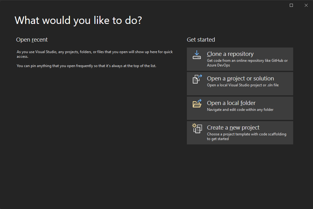 Startup window of Visual Studio