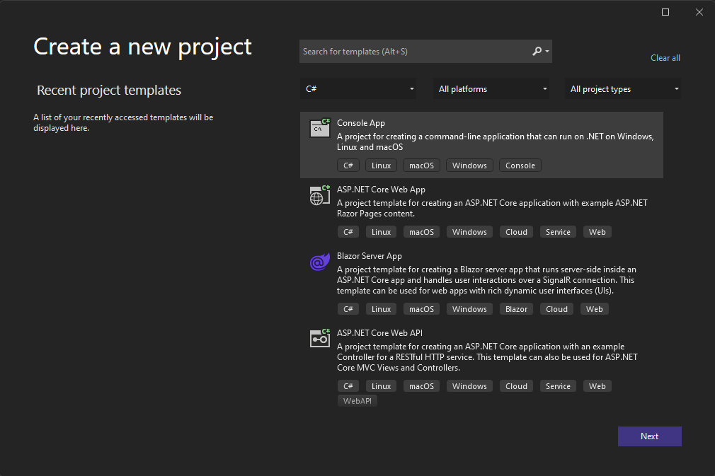 Creating a C# project on Visual Studio (step 1)