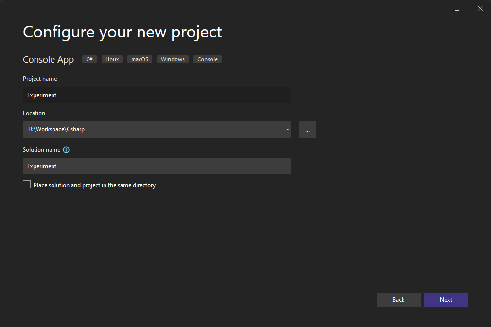 Creating a C# project on Visual Studio (step 2)