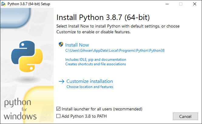 Startup of Python 3 installer program